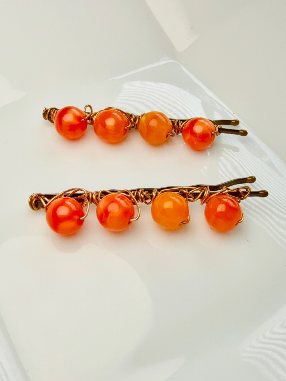 Orange Round Beads Beaded Bobby Pins